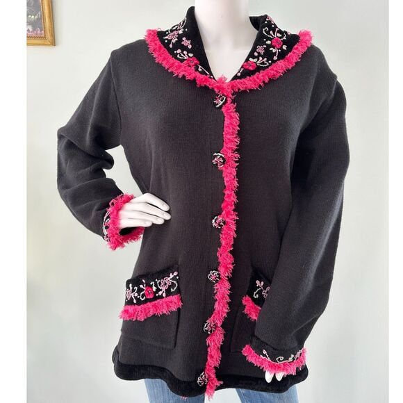 Vintage Storybook Knits Western Beauty Black and Pink Embroidered Sweater size M - Picture 1 of 13